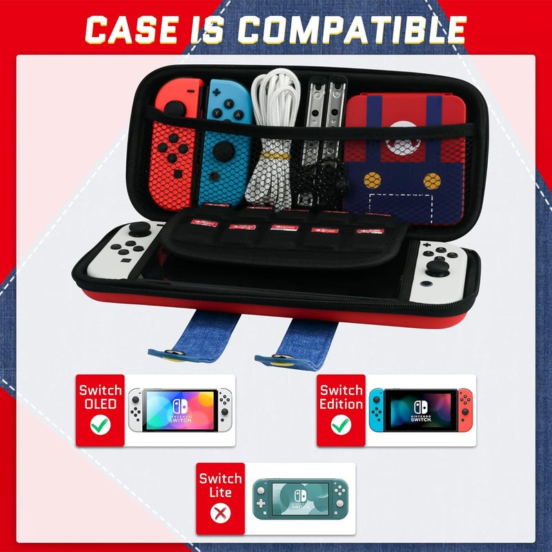 F'DIARY Travel Carrying Case for Nintendo Switch and Switch OLED with Super Mario Design, Red and Blue Accessories Bundle for Switch Console with Portable Storage Bag, Game Card Case and 2 Thumb Caps - Image 5